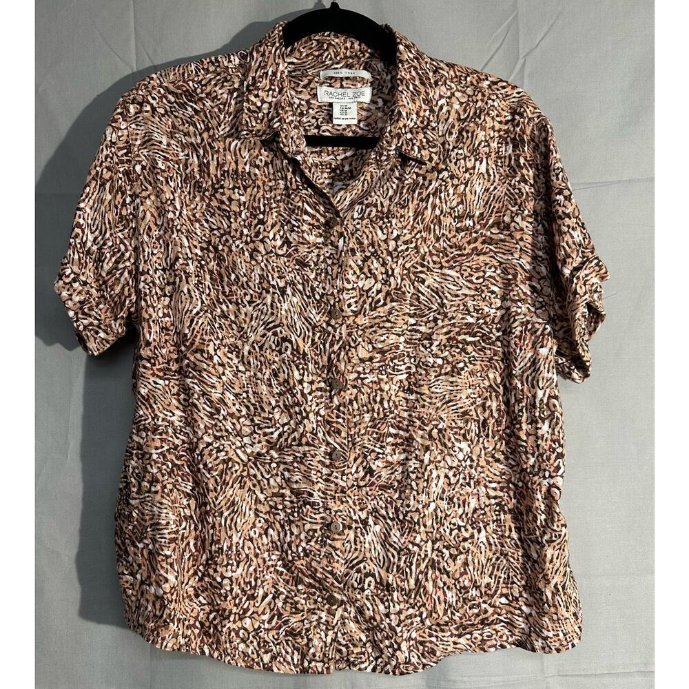 Rachel Zoe Top Womens Medium Brown Linen Animal Print Button Short Sleeve - Picture 5 of 7